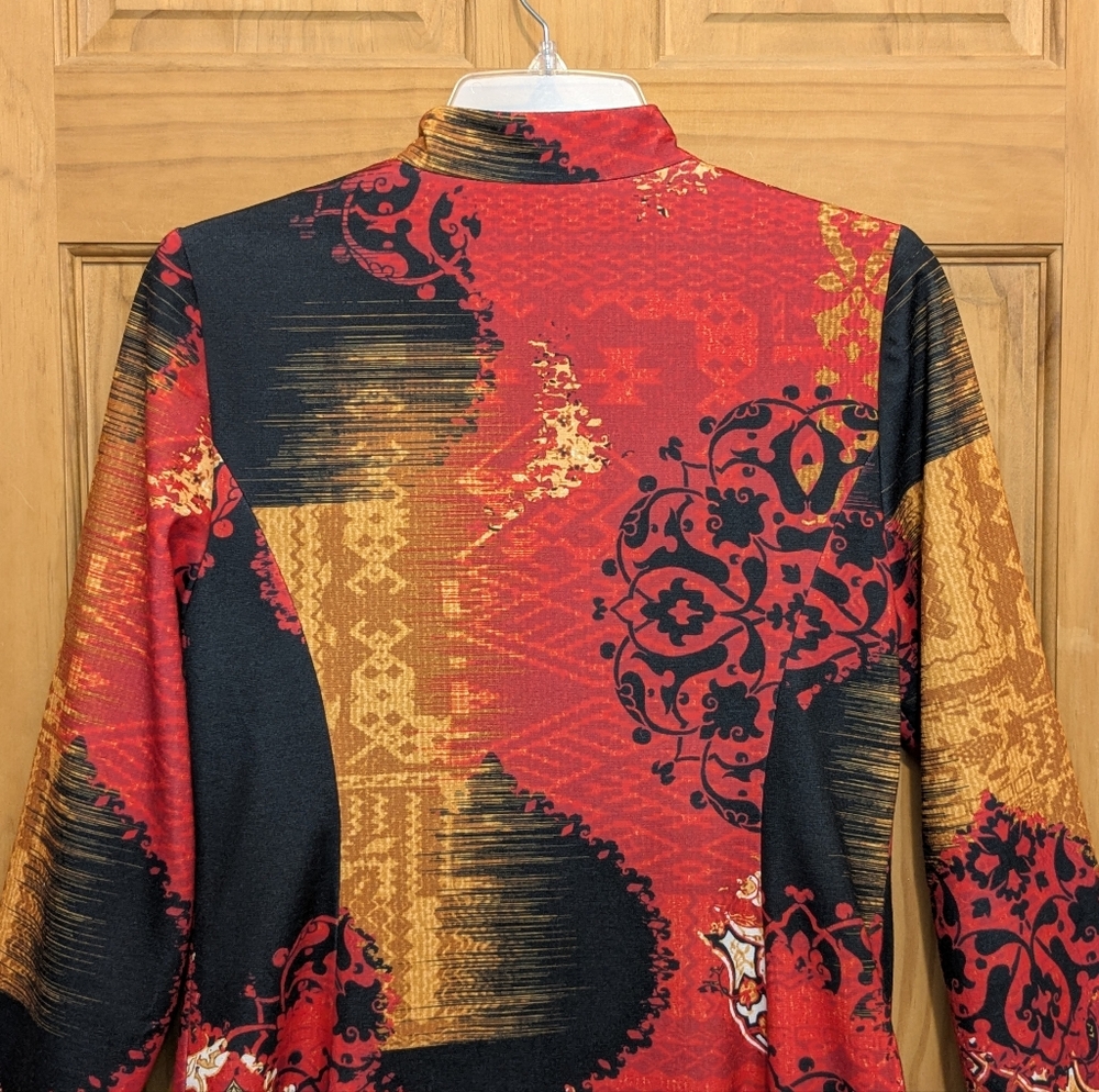 Chico's Printed Statement Jacket Sz 0 Small Blazer Black Red Art to Wear Asian - Picture 10 of 13